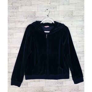 Y2K Women's Juicy Couture Navy Blue Velour Zip Up Track Suit Jacket Size XL